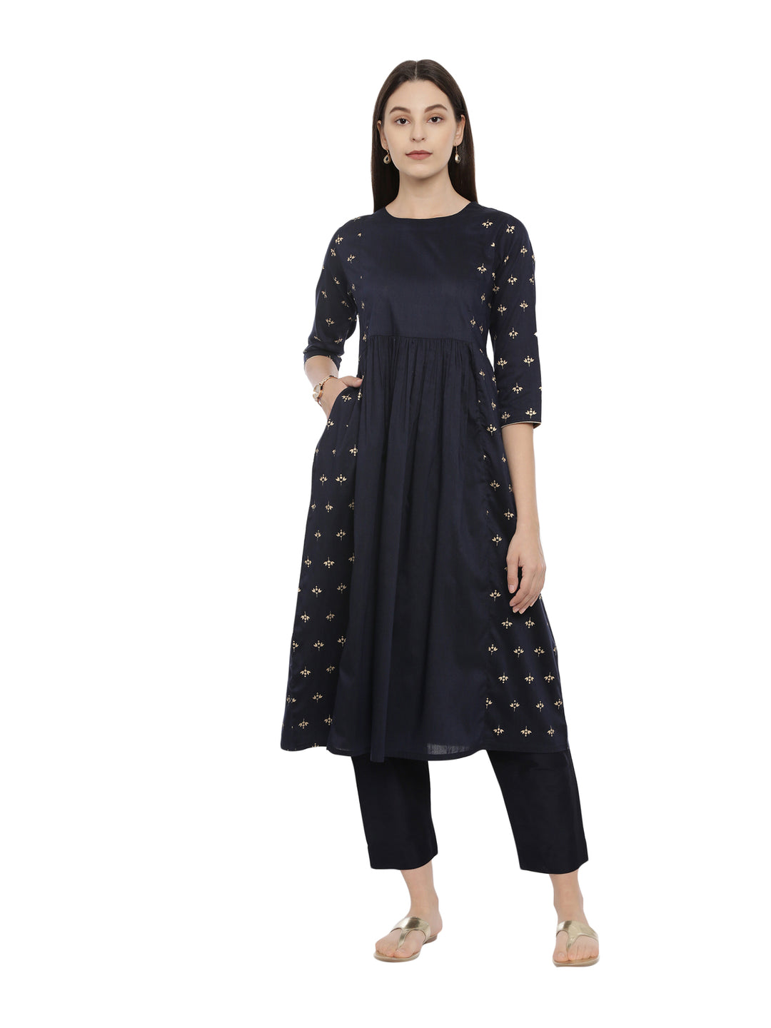 Navy Cotton Silk Golden Block Printed Kurta Set With Tapered Fit Trouser