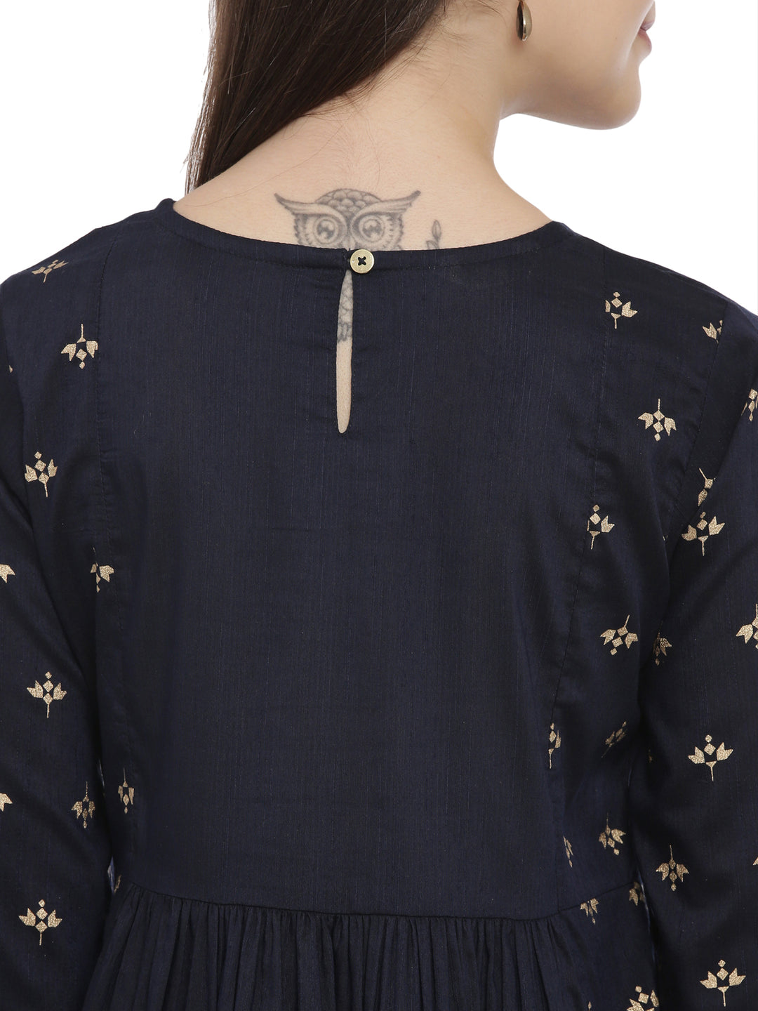 Navy Cotton Silk Golden Block Printed Kurta Set With Tapered Fit Trouser