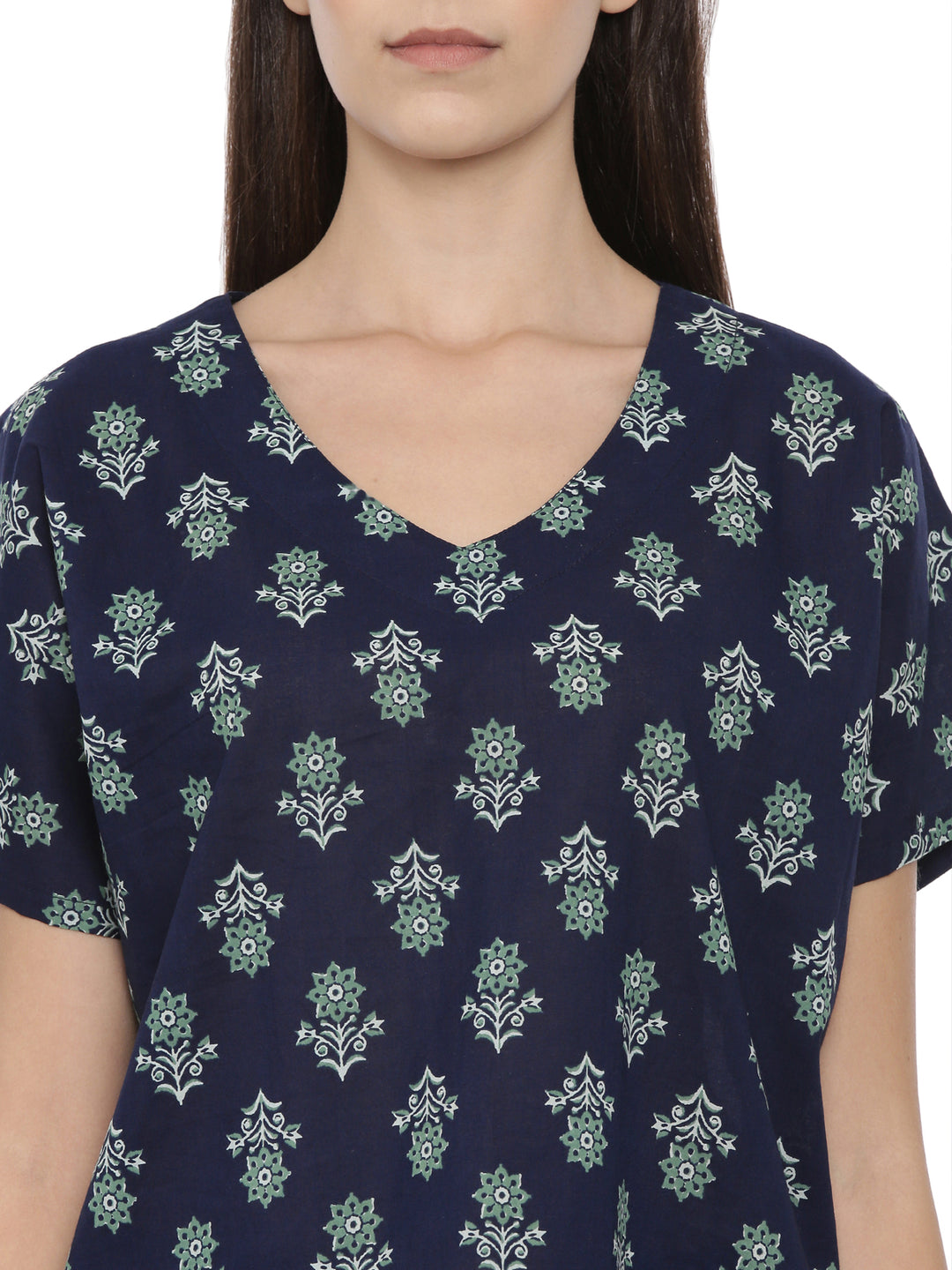 Navy Floral Printed Cotton Boxy Fit Night Set