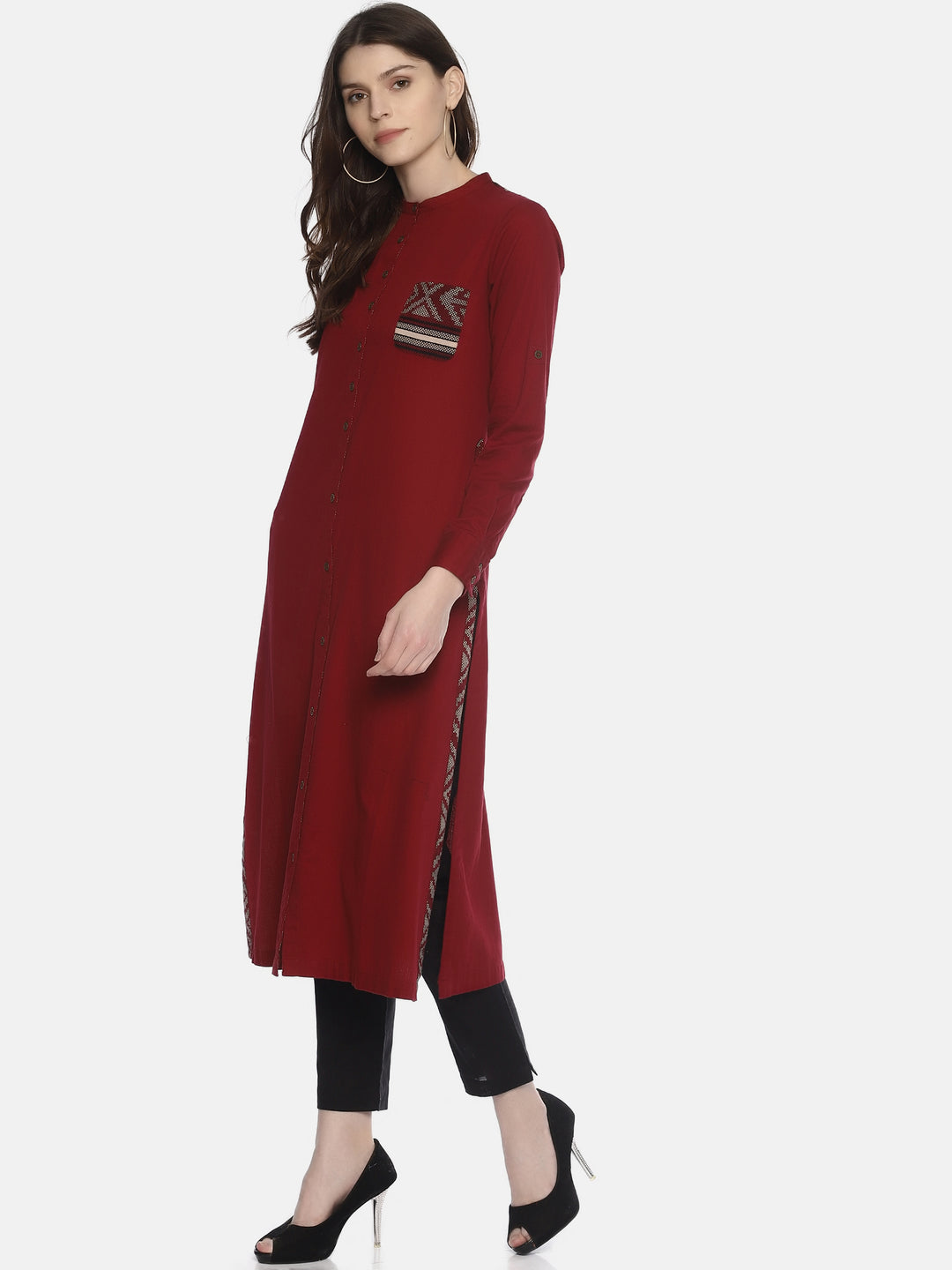 Maroon Shirt Kurta With Pockets