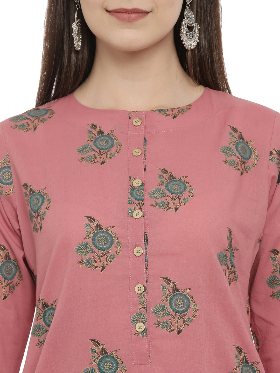 Women Dusty Pink Golden Line Block Printed Kurta With Palazzos With Pockets