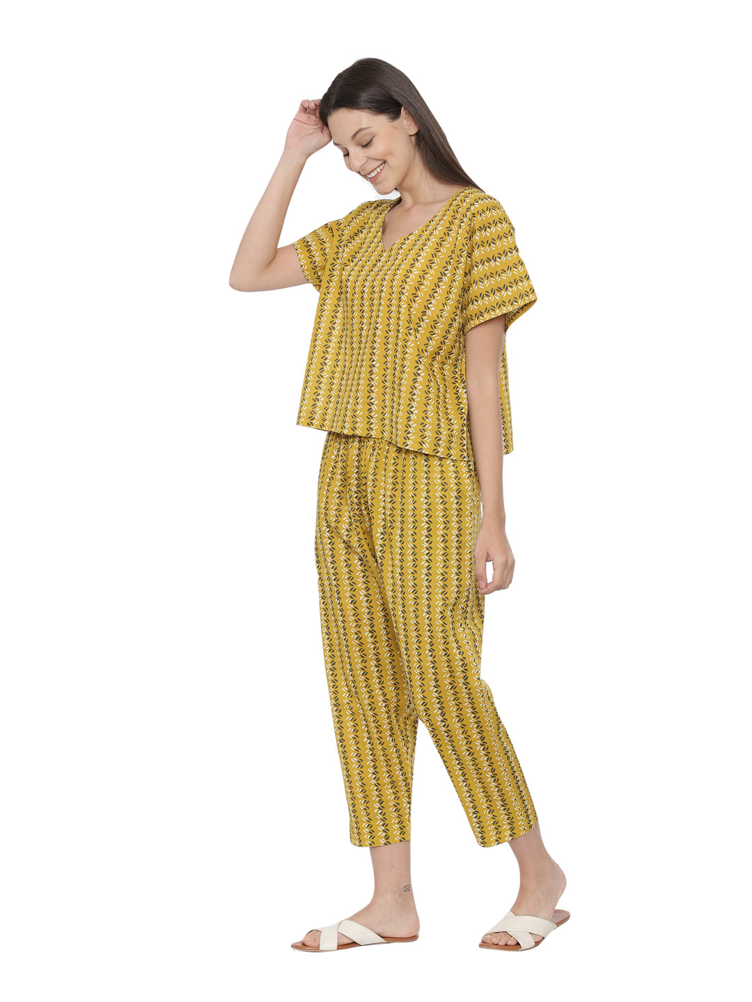 Dusty Yellow Printed Cotton Boxy Fit Night Set