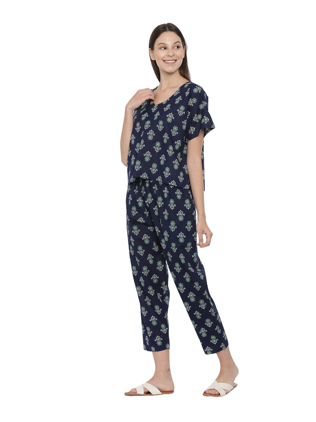 Navy Floral Printed Cotton Boxy Fit Night Set