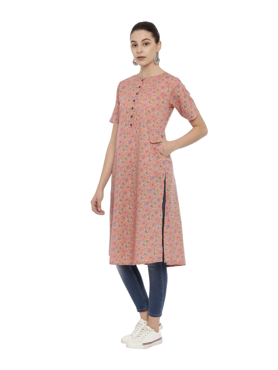 Printed Front Opened A-Line Kurta With Pocket