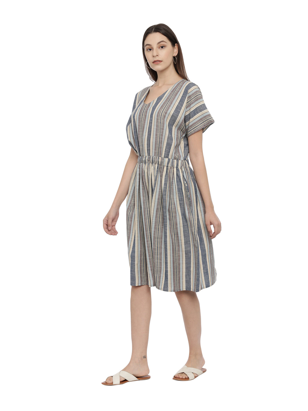 Striped V Neck Elasticated Fit And Flare Dress