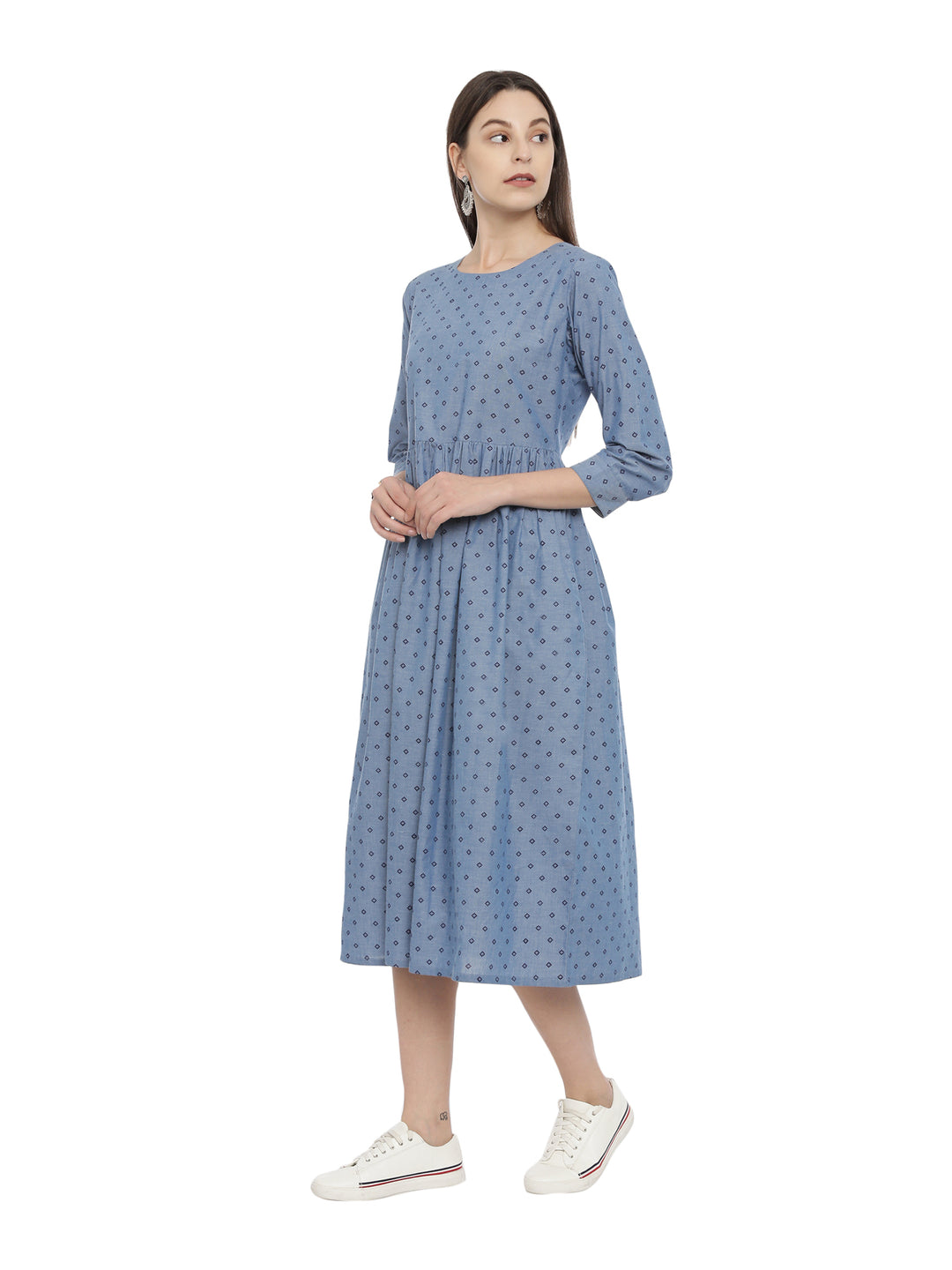 Chambre Denim Block Printed Fit And Flare Dress With Back Button Detailing