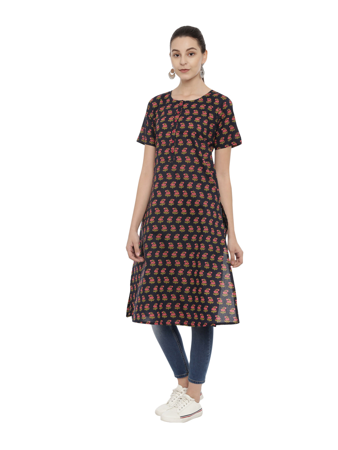 Women Printed Front Opened A-Line Kurta With Pocket