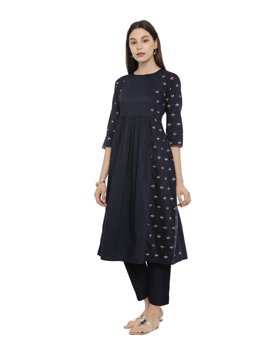 Navy Cotton Silk Golden Block Printed Kurta Set With Tapered Fit Trouser