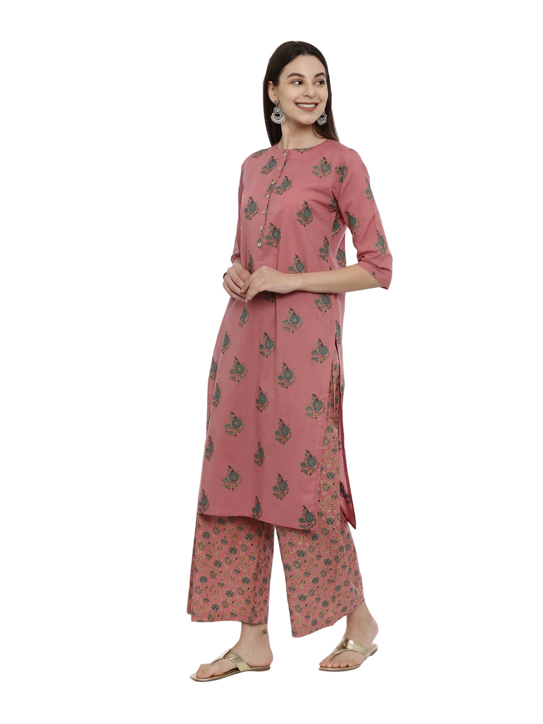 Women Dusty Pink Golden Line Block Printed Kurta With Palazzos With Pockets