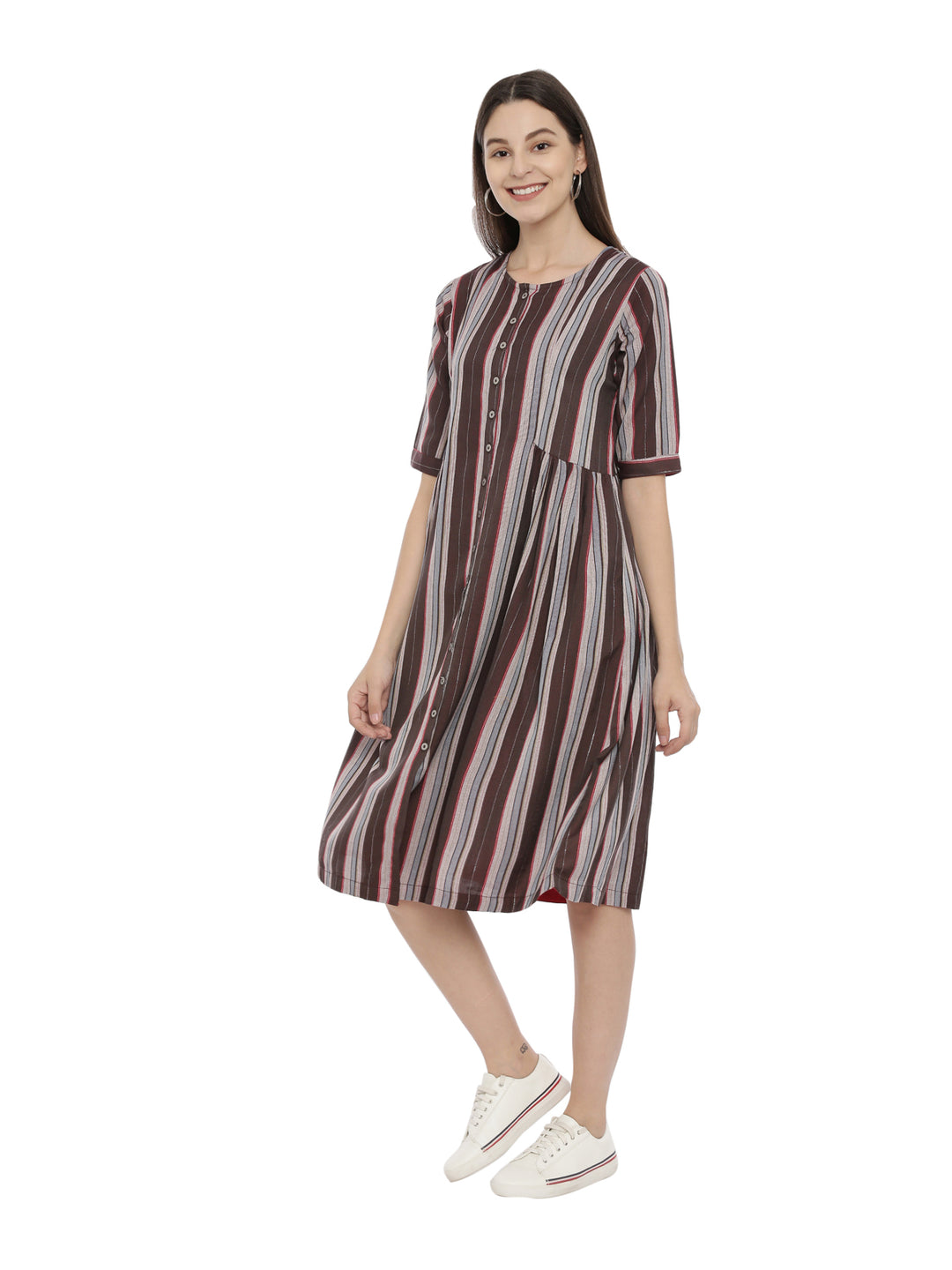 Women Striped anti Fit Front Open Dress With Side Pockets