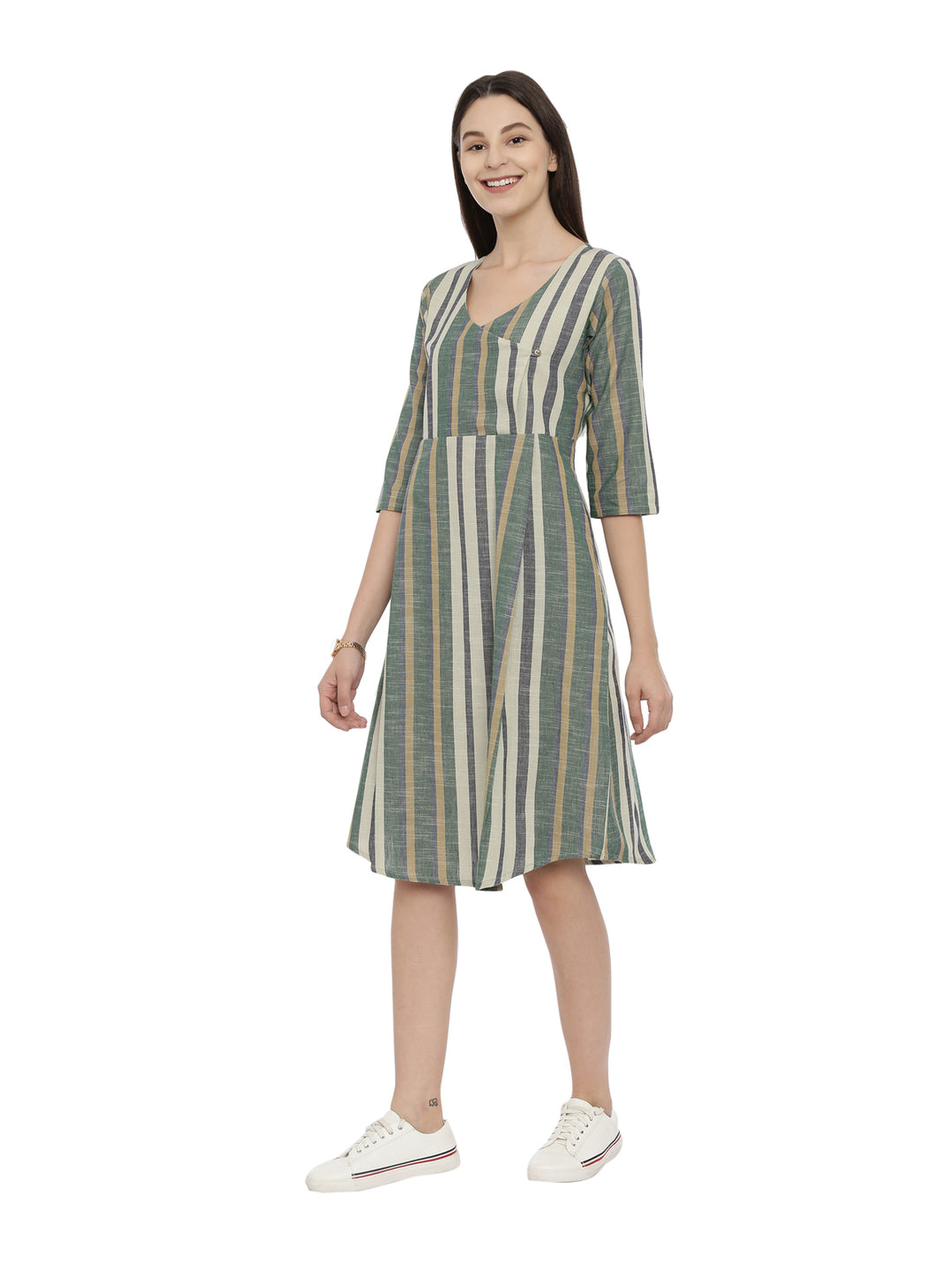 Striped Cross Opened Inverted Pleat Dress