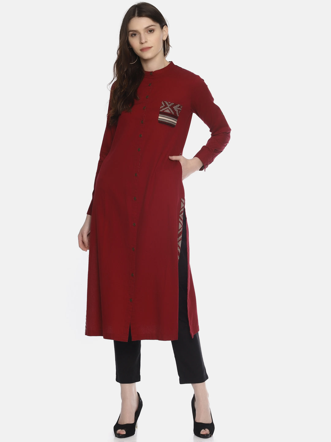 Maroon Shirt Kurta With Pockets