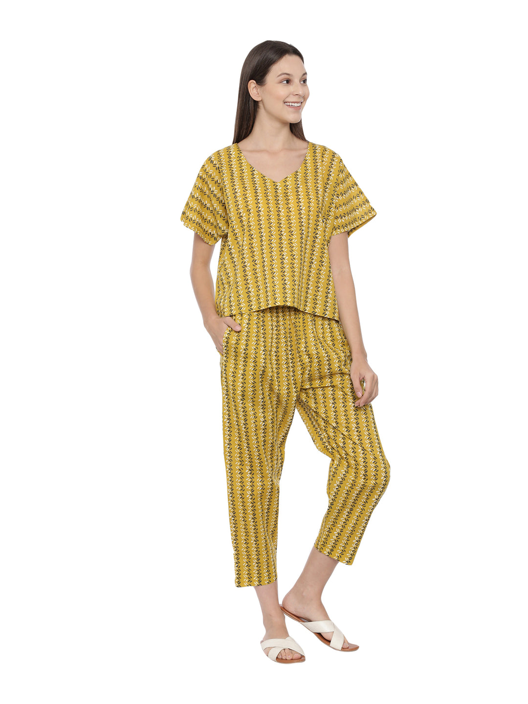 Dusty Yellow Printed Cotton Boxy Fit Night Set