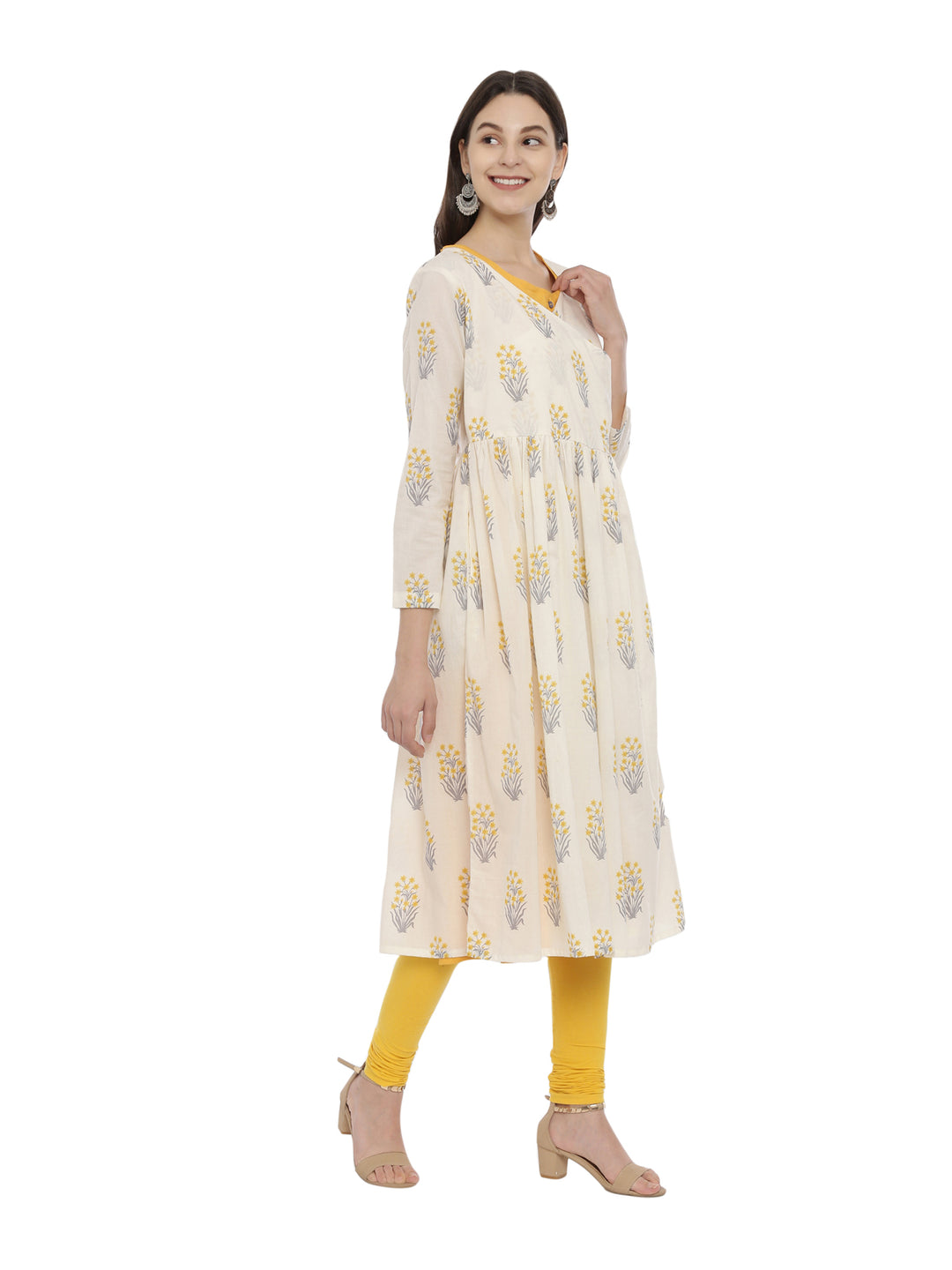 ELLEORA Block Printed Fit And Flare Angarakha Style Double Layer Kurta With Tie Up