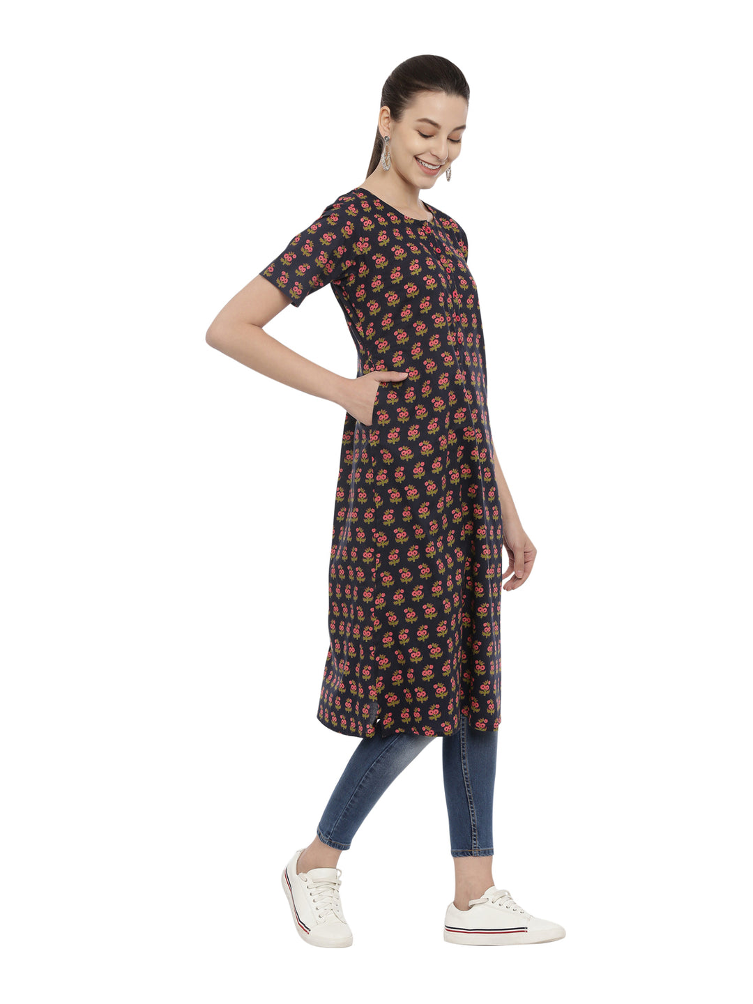 Women Printed Front Opened A-Line Kurta With Pocket