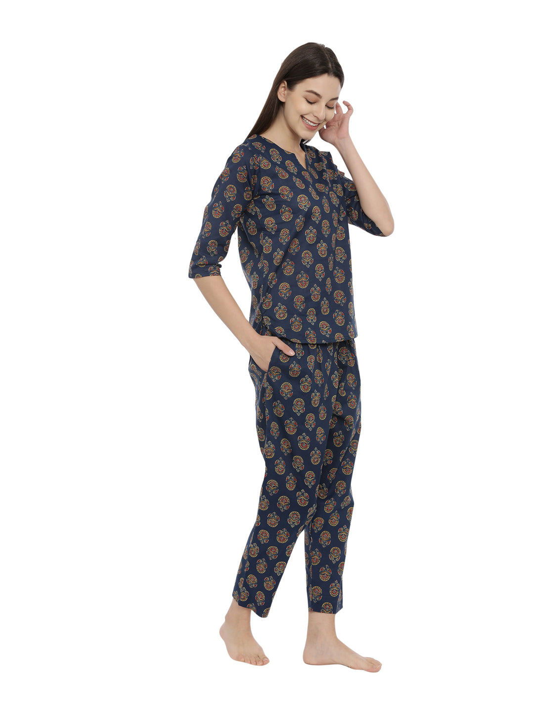 Navy  Floral Printed Cotton Set