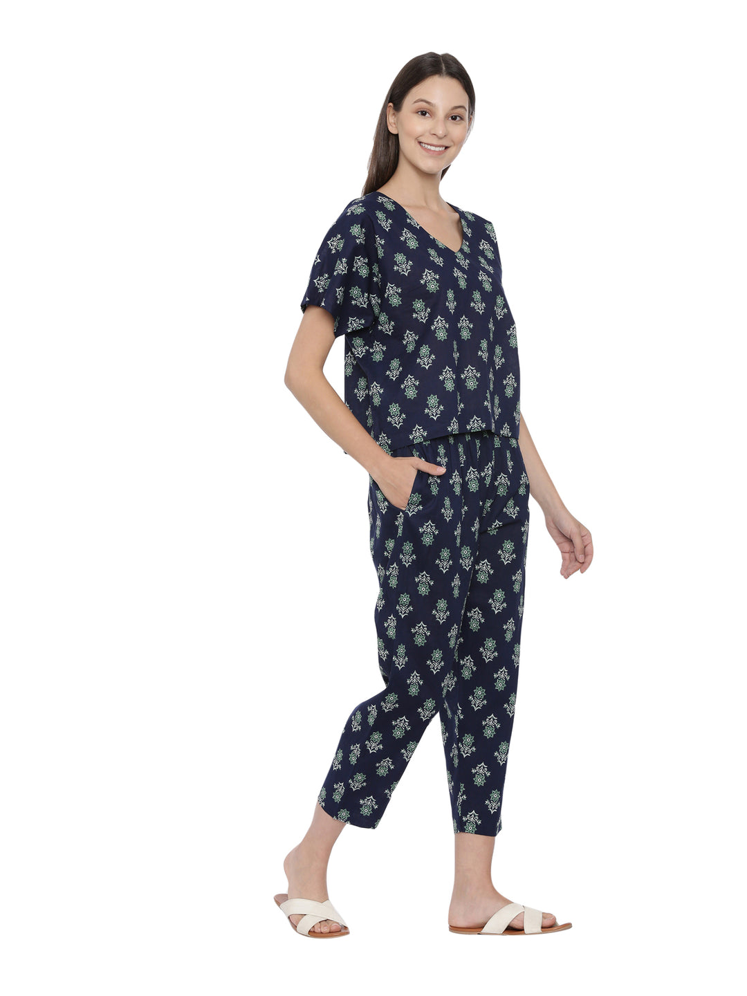 Navy Floral Printed Cotton Boxy Fit Night Set