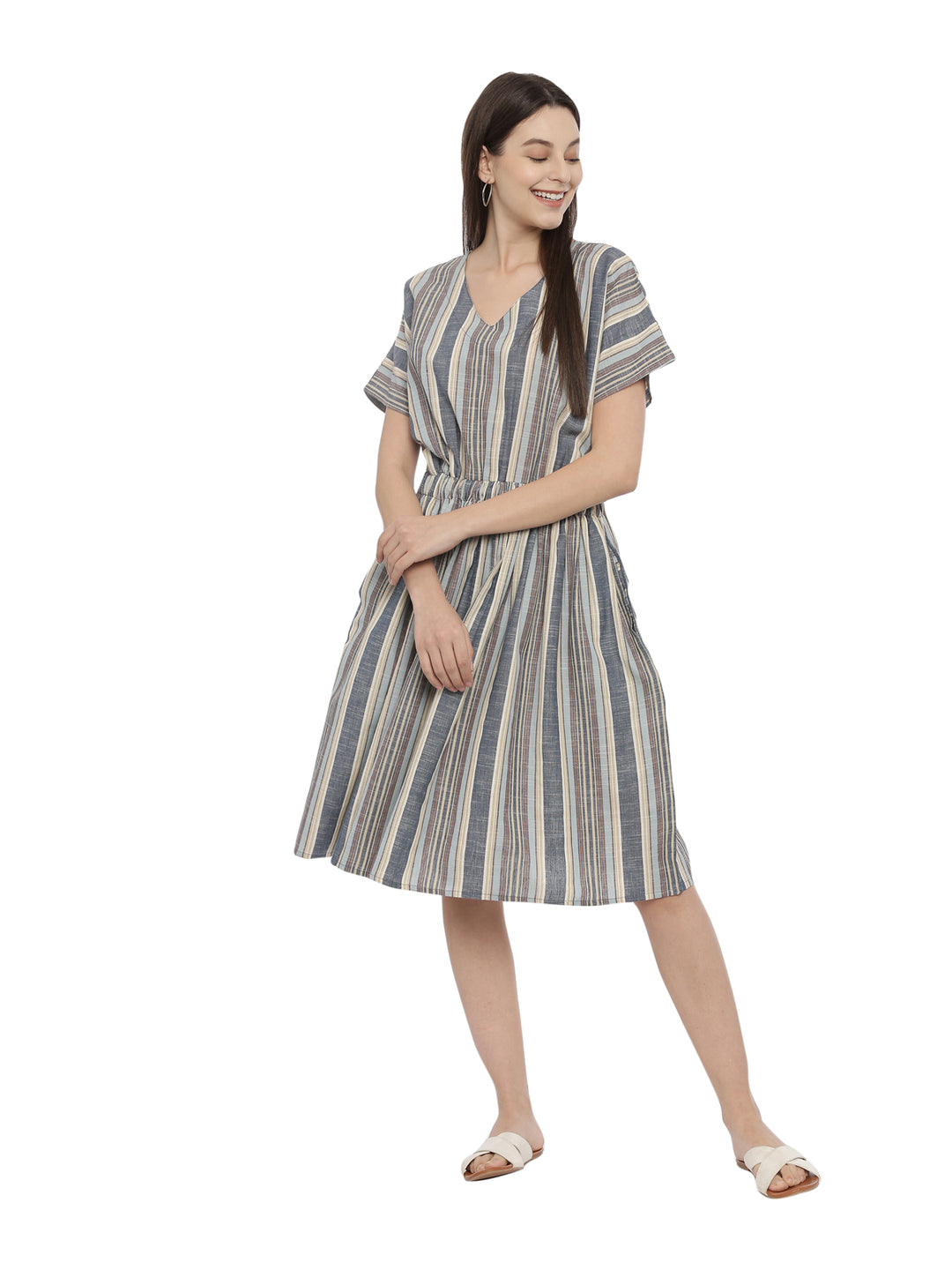 Striped V Neck Elasticated Fit And Flare Dress