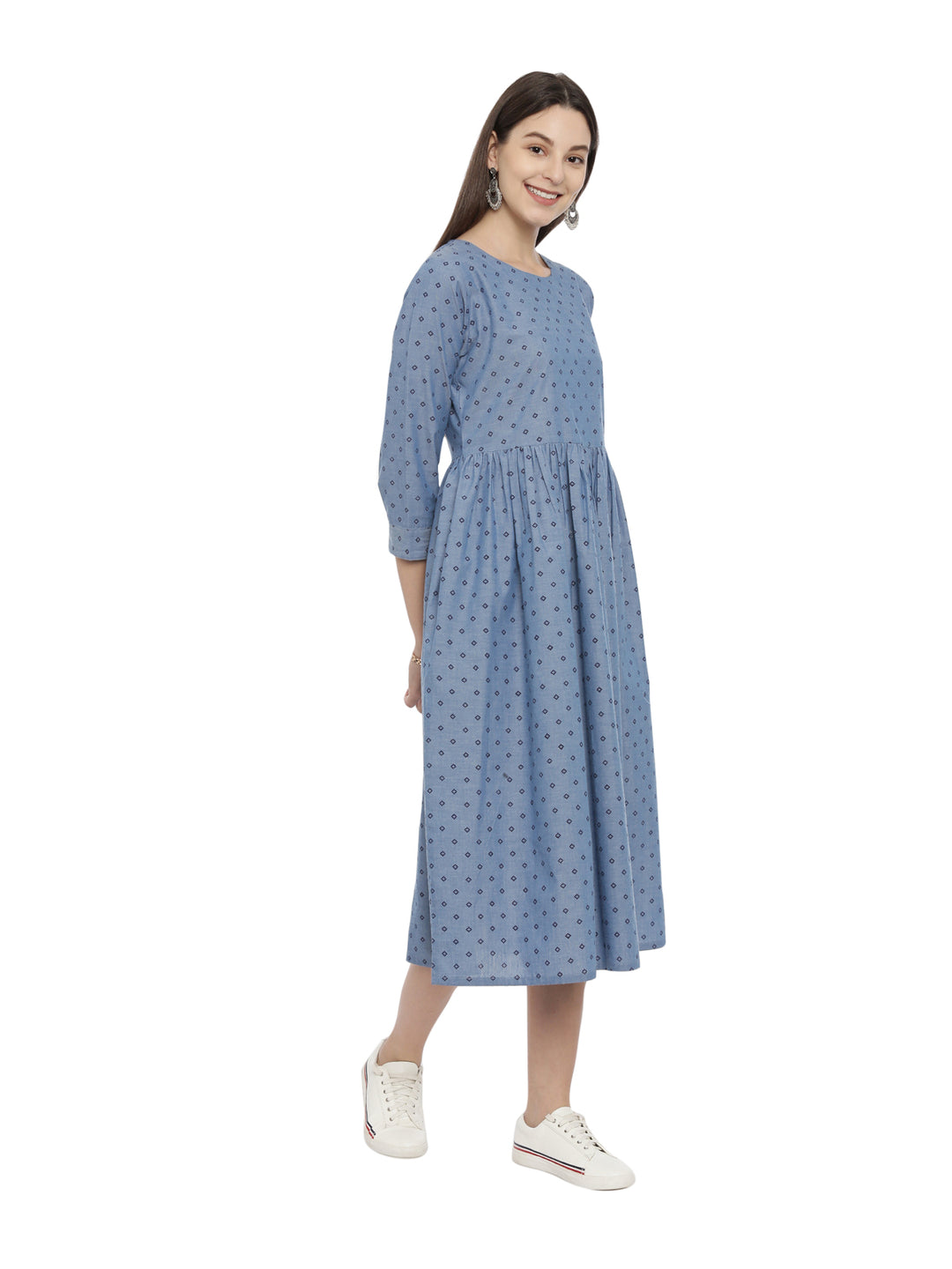 Chambre Denim Block Printed Fit And Flare Dress With Back Button Detailing