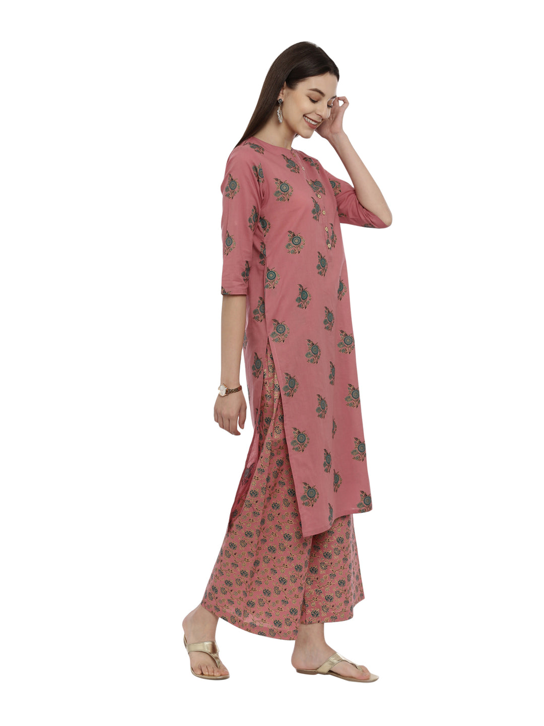 Women Dusty Pink Golden Line Block Printed Kurta With Palazzos With Pockets