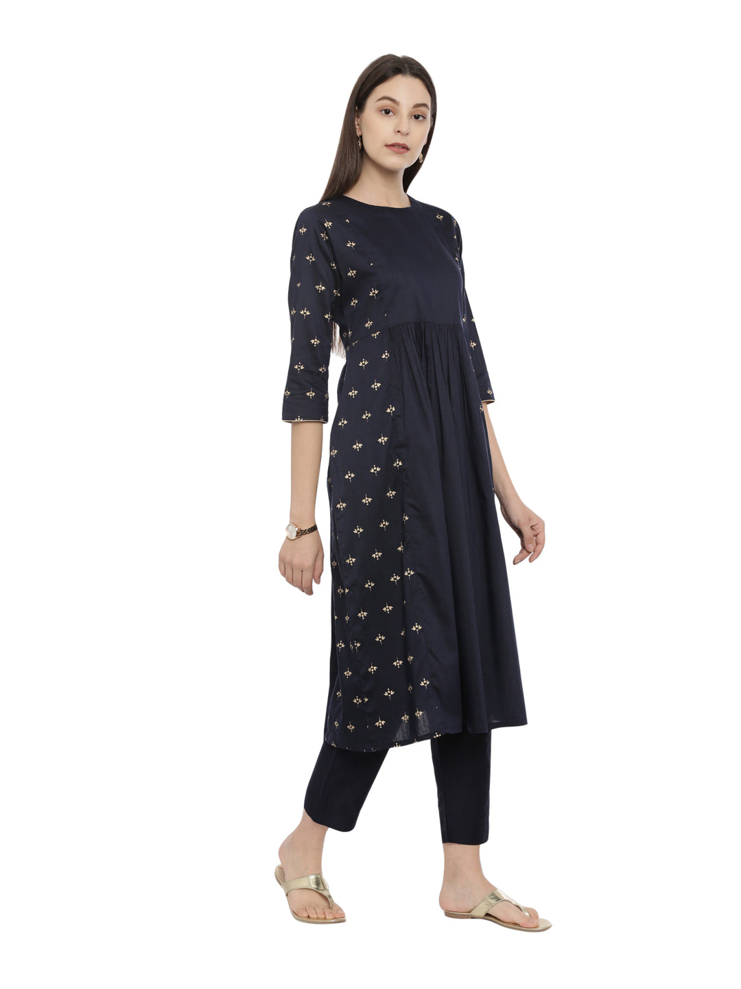 Navy Cotton Silk Golden Block Printed Kurta Set With Tapered Fit Trouser