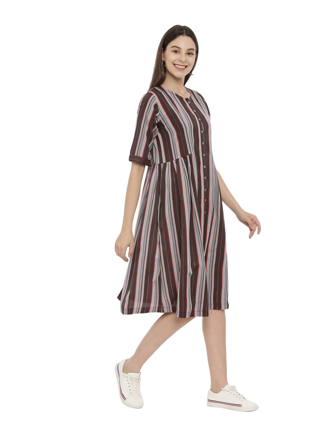 Women Striped anti Fit Front Open Dress With Side Pockets