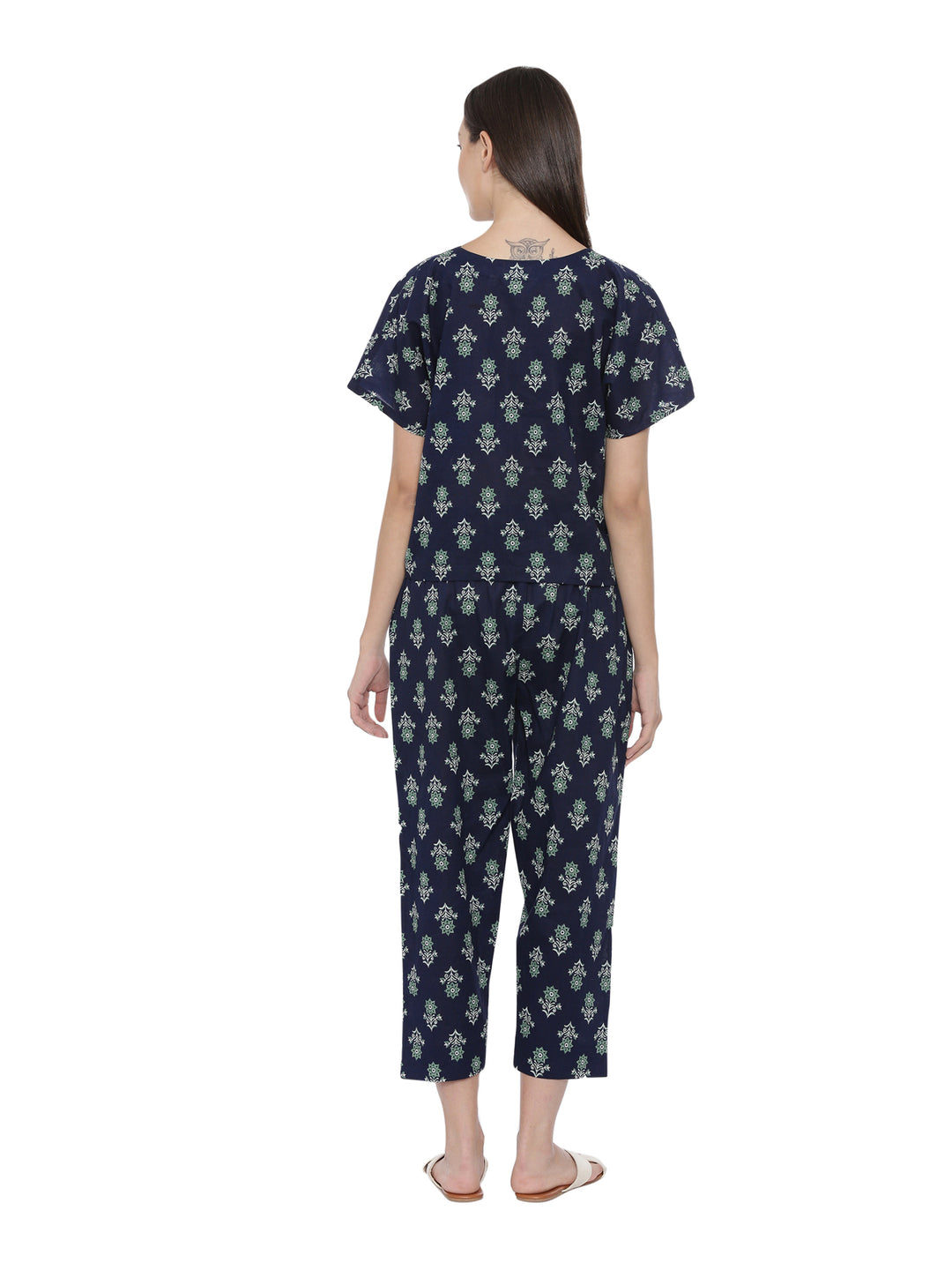 Navy Floral Printed Cotton Boxy Fit Night Set