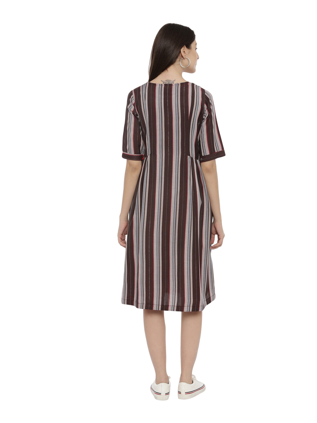 Women Striped anti Fit Front Open Dress With Side Pockets