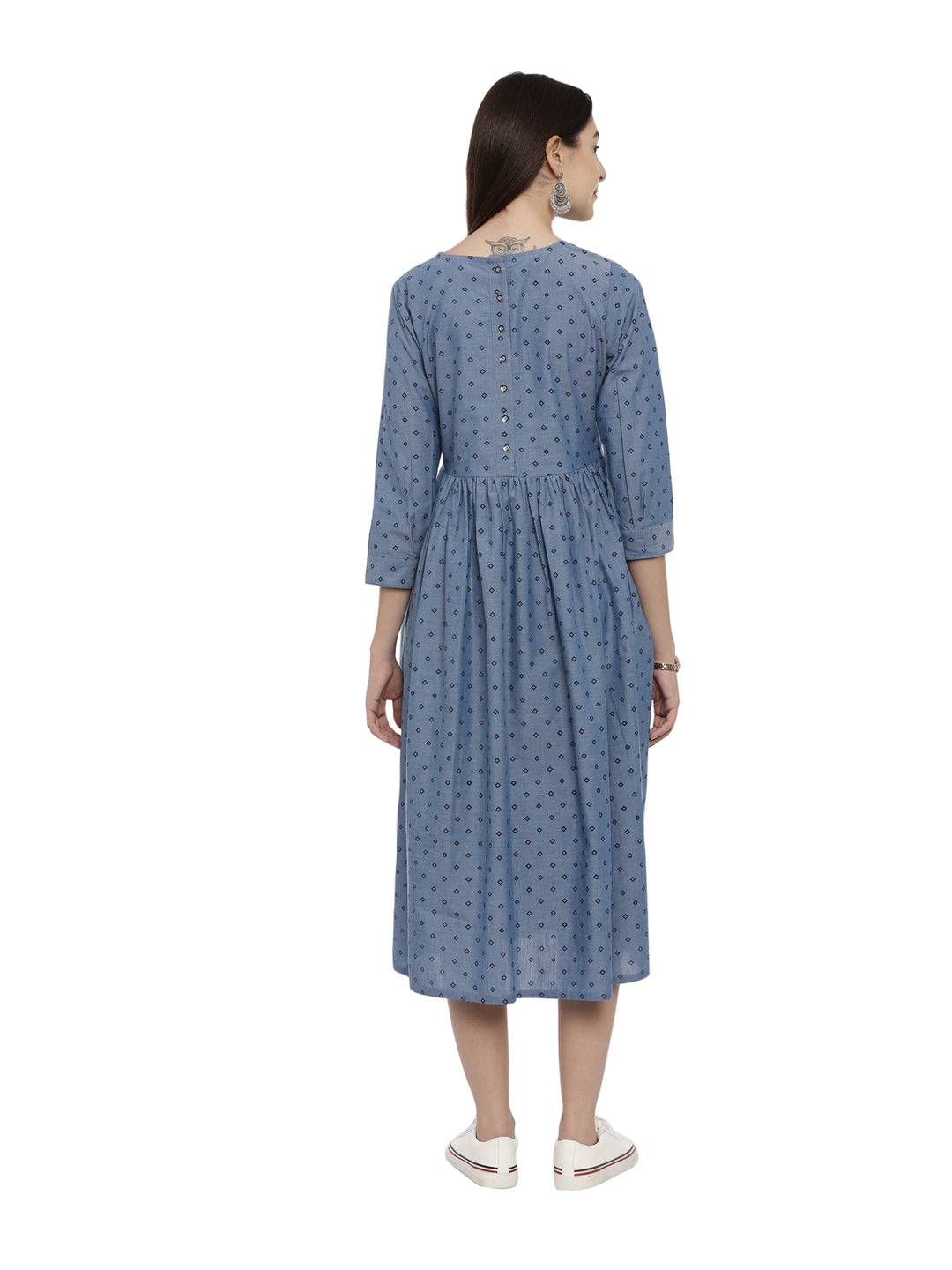 Chambre Denim Block Printed Fit And Flare Dress With Back Button Detailing