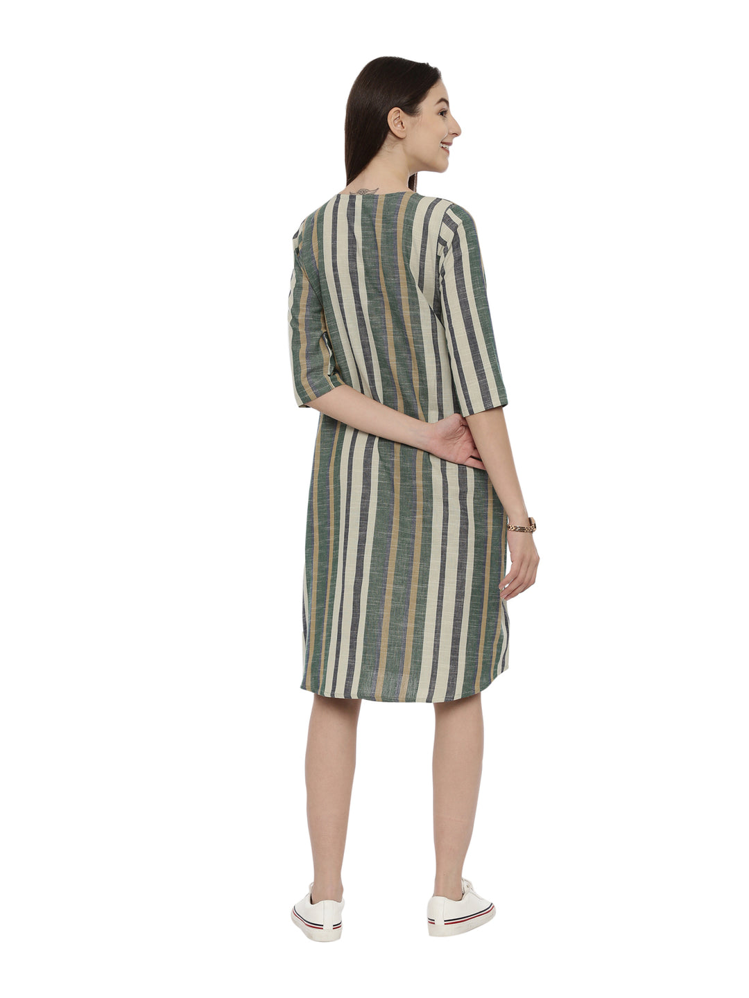 Striped Cross Opened Inverted Pleat Dress