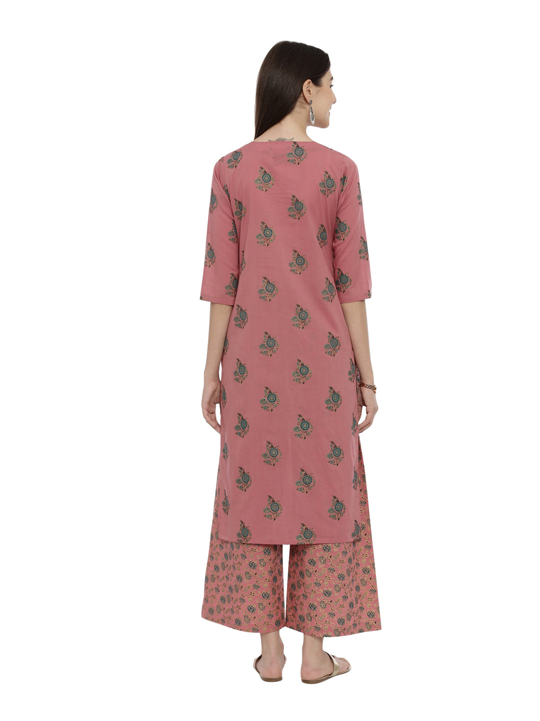 Women Dusty Pink Golden Line Block Printed Kurta With Palazzos With Pockets