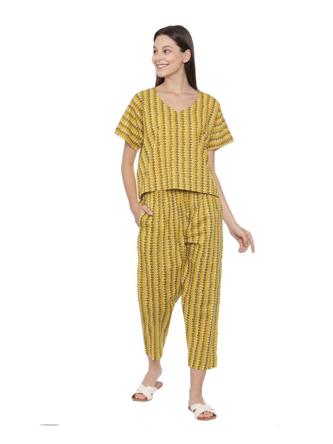 Dusty Yellow Printed Cotton Boxy Fit Night Set