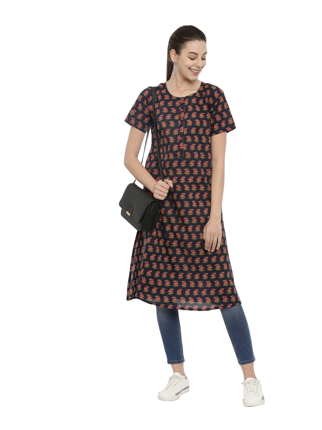 Women Printed Front Opened A-Line Kurta With Pocket