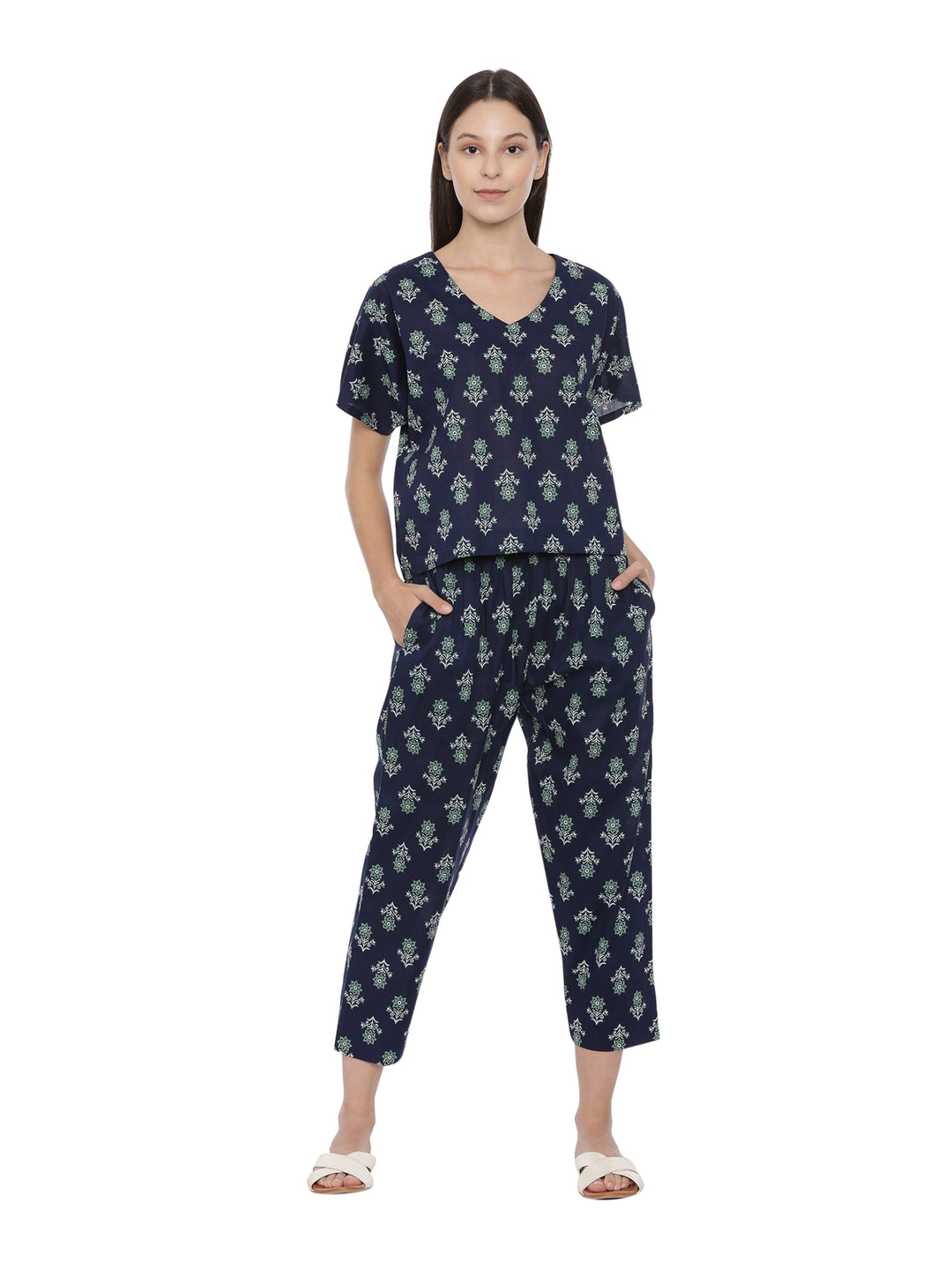 Navy Floral Printed Cotton Boxy Fit Night Set