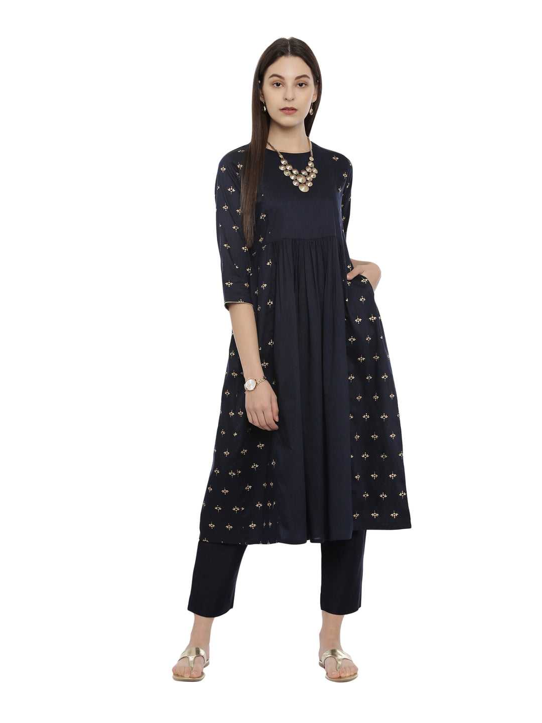 Navy Cotton Silk Golden Block Printed Kurta Set With Tapered Fit Trouser