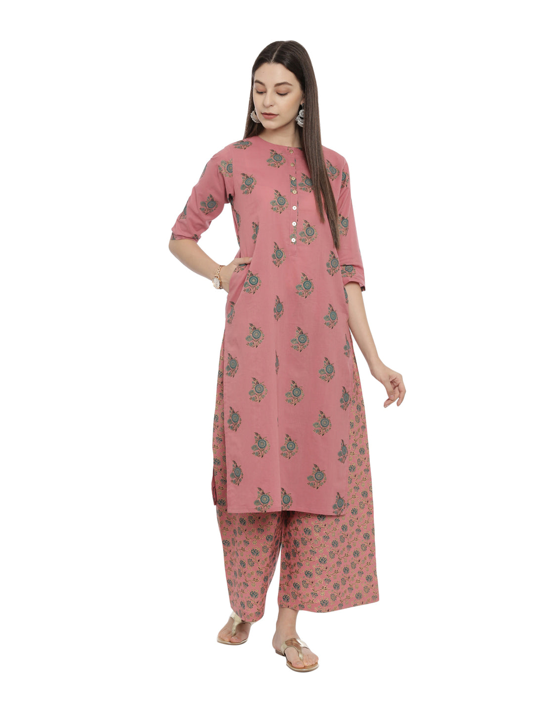 Women Dusty Pink Golden Line Block Printed Kurta With Palazzos With Pockets