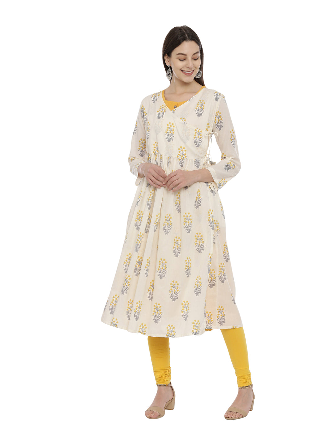 ELLEORA Block Printed Fit And Flare Angarakha Style Double Layer Kurta With Tie Up