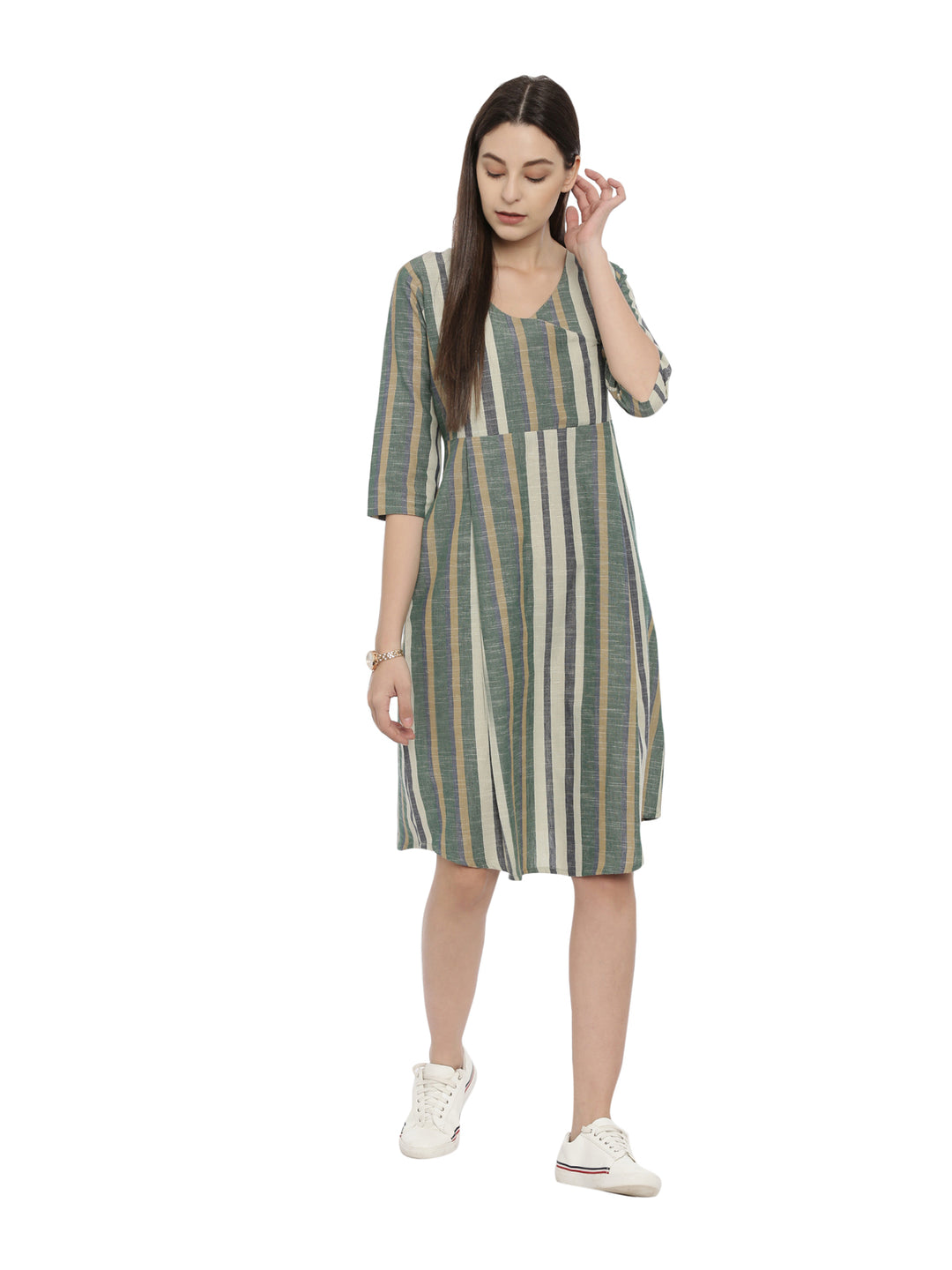 Striped Cross Opened Inverted Pleat Dress