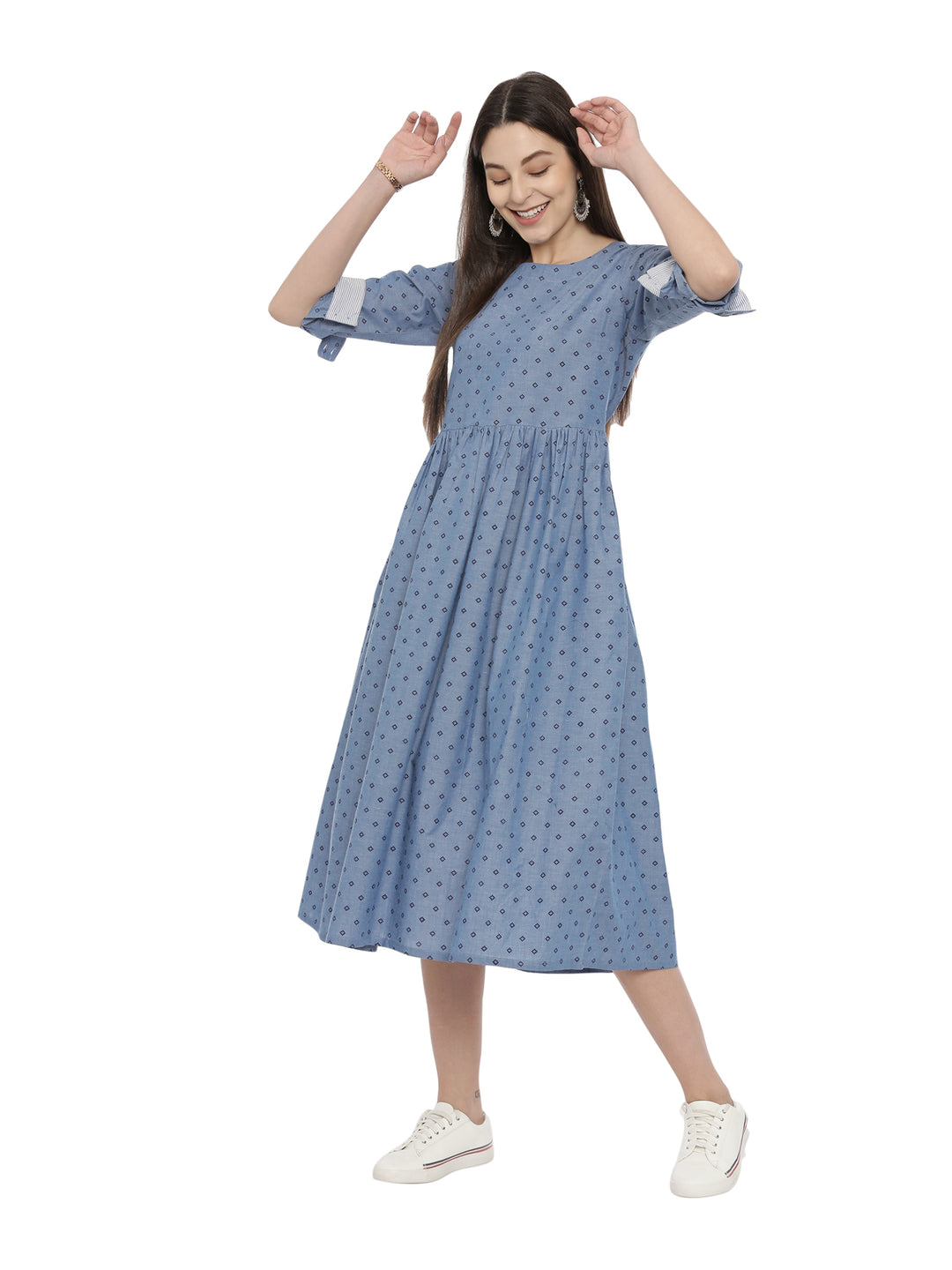 Chambre Denim Block Printed Fit And Flare Dress With Back Button Detailing