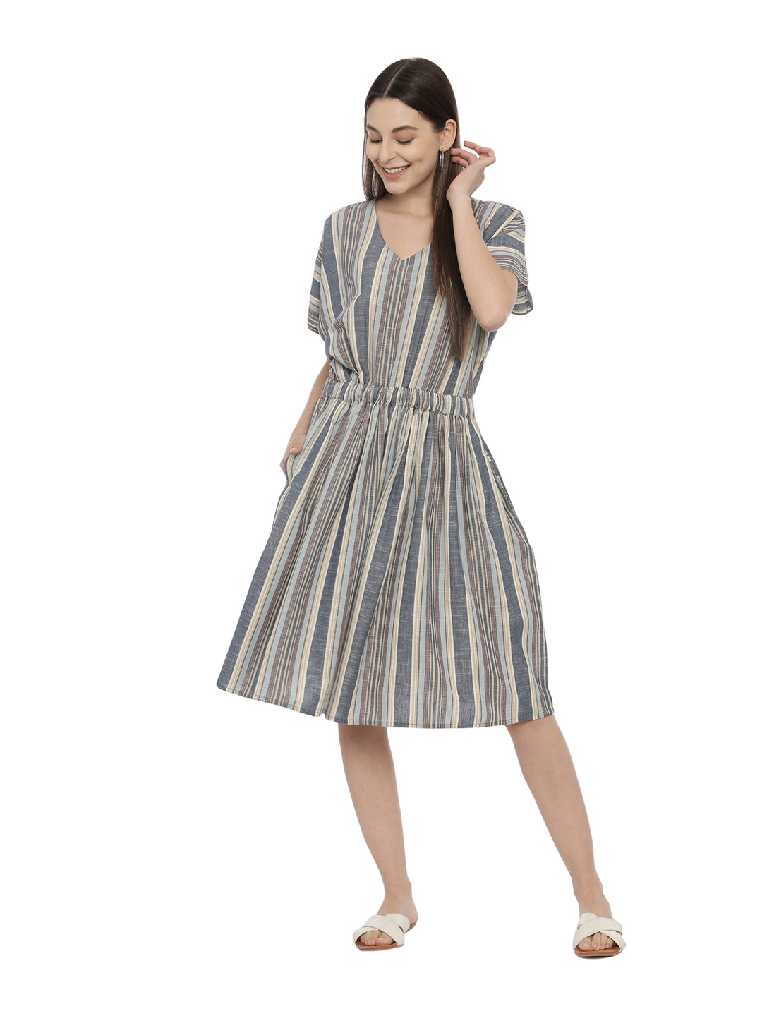 Striped V Neck Elasticated Fit And Flare Dress