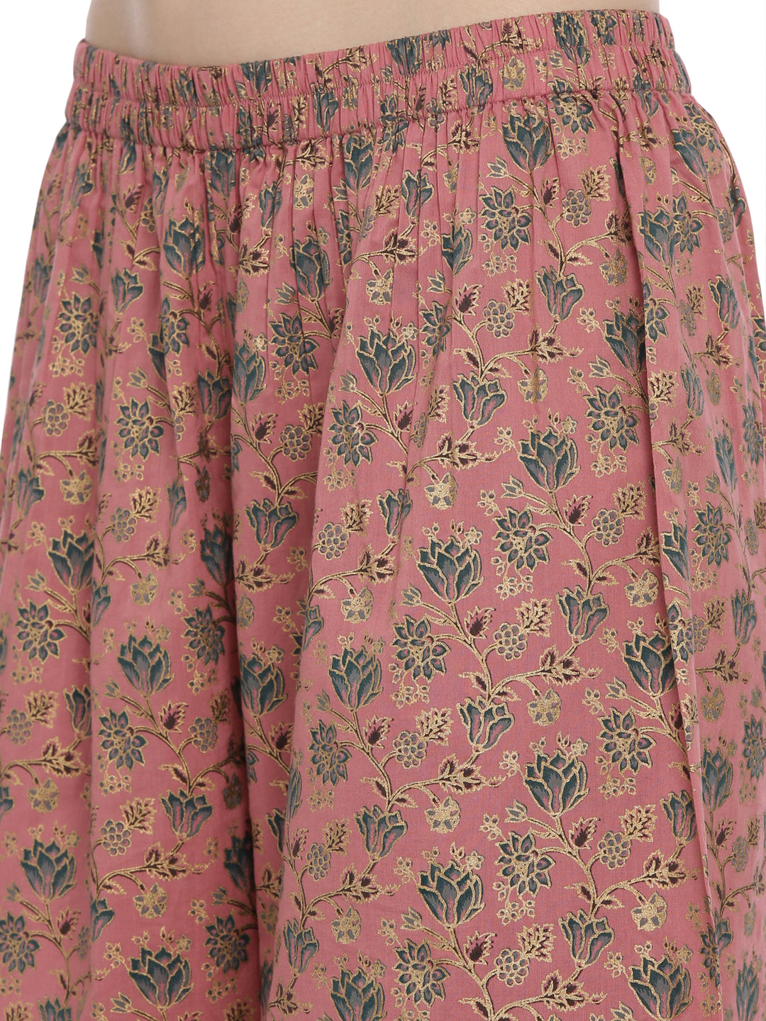 Women Dusty Pink Golden Line Block Printed Kurta With Palazzos With Pockets