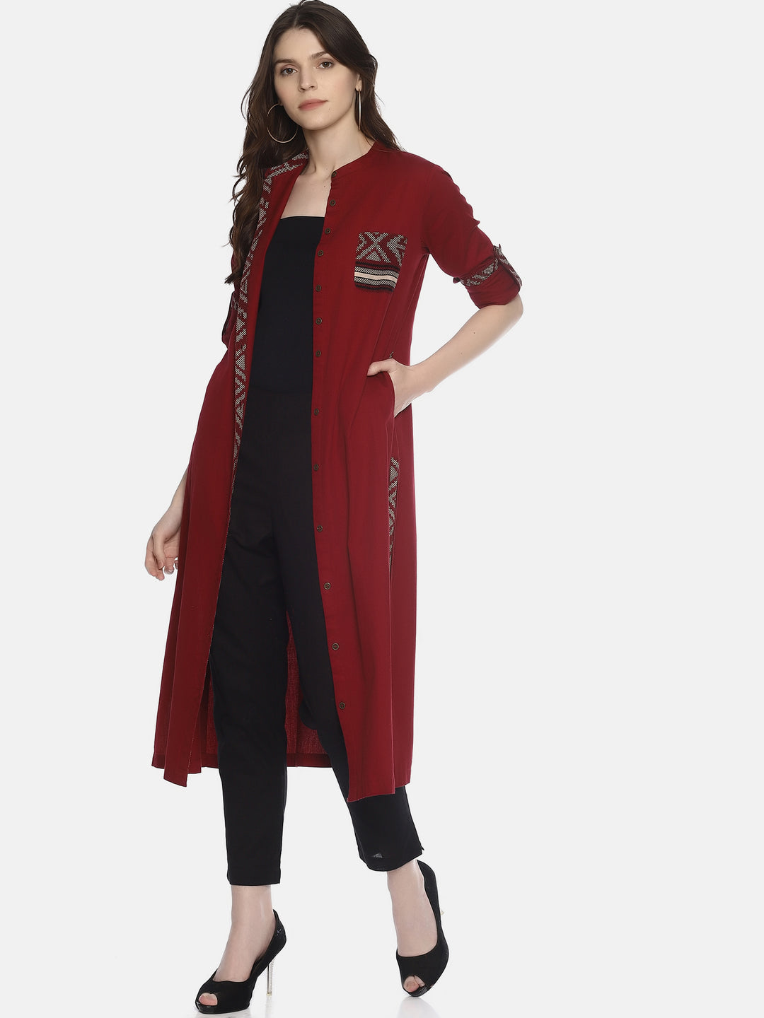 Maroon Shirt Kurta With Pockets